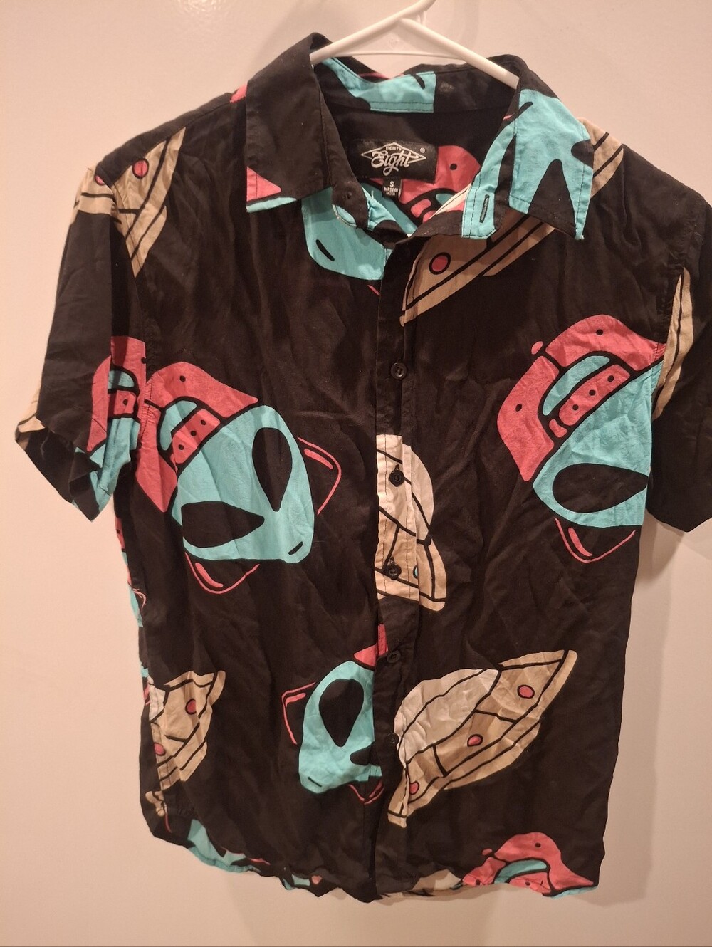 Black Short-Sleeve Button-Up Shirt with Turquoise & Coral Alien Print